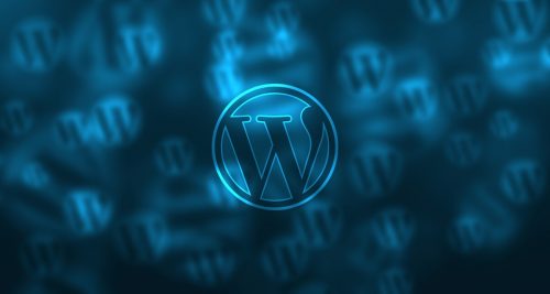 WordPress logos on blue background.