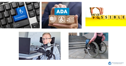 Collage of images including a keyboard with accessibility as a key, ADA as one of several blocks, letters being changed from possible to accessible, an individual with motor impairments using a computer, and a woman in a wheelchair trying to ascend steps.
