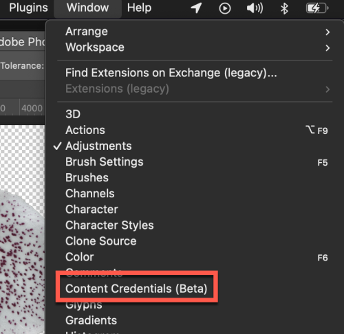 Menu within Photoshop showing how to select the Content Credentials from the Window menu