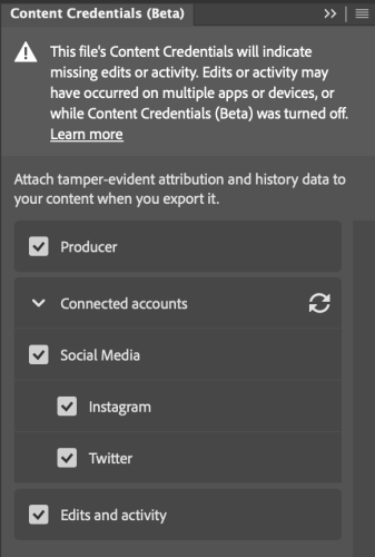 Content Credentials panel in Photoshop showing linked social media accounts (Instagram and Twitter).