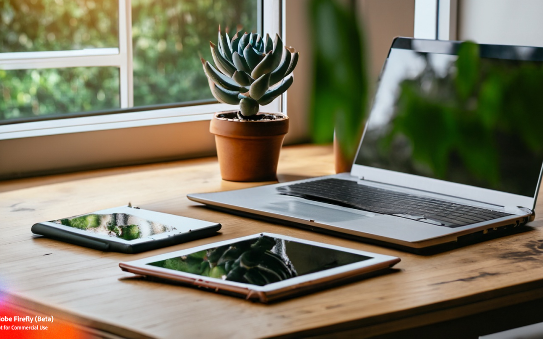 Looking at a desktop holding a phone, tablet and laptop along with a notebook with a pen. The desktop has one succulent plant. Sunlight is coming through a window to the left of the desktop.