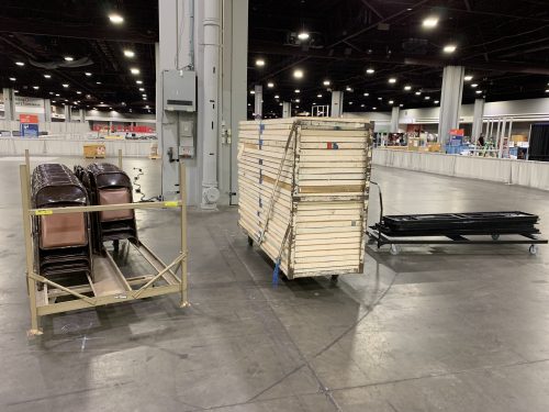 Tables and chairs stacked in preparation for our competition. Lots of work getting things ready.