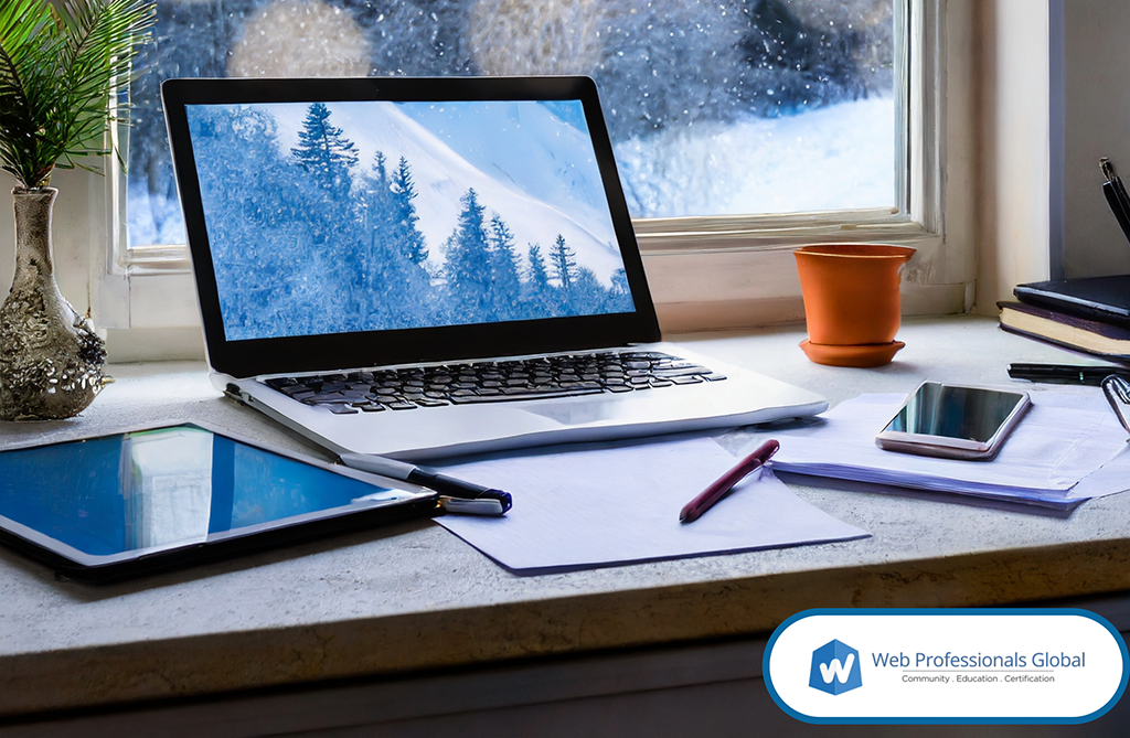 Image created in Adobe Firefly. Desktop with laptop, tablet, phone, notepad and pens. Looking out on a winter scene through a window with snow and evergreen trees.