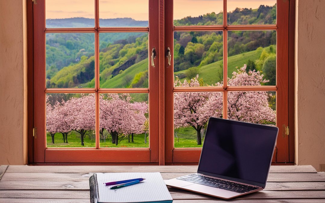 Firefly AI generated image of a desktop with laptop and notebook, pens, pencils. Window looking out on hillside covered with spring flowers in bloom.